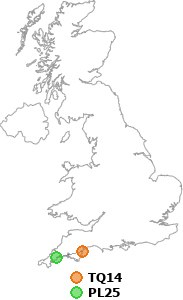 map showing distance between TQ14 and PL25