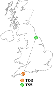 map showing distance between TQ3 and TS5