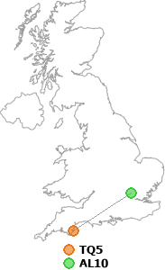 map showing distance between TQ5 and AL10