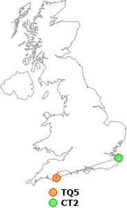 map showing distance between TQ5 and CT2