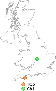 map showing distance between TQ5 and CV1
