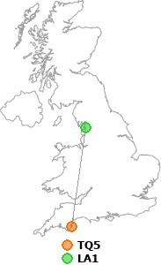map showing distance between TQ5 and LA1