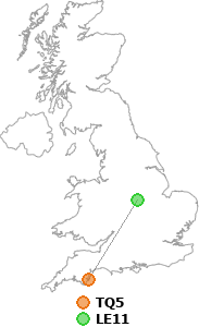 map showing distance between TQ5 and LE11