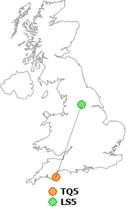 map showing distance between TQ5 and LS5