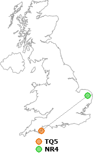map showing distance between TQ5 and NR4