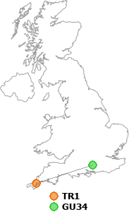 map showing distance between TR1 and GU34