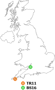 map showing distance between TR11 and BS16