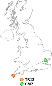 map showing distance between TR13 and CM7
