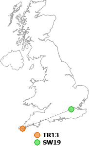 map showing distance between TR13 and SW19