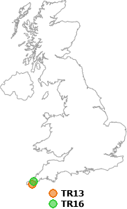 map showing distance between TR13 and TR16