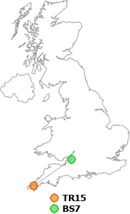 map showing distance between TR15 and BS7