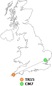 map showing distance between TR15 and CM7