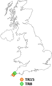 map showing distance between TR15 and TR8