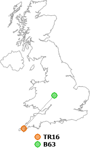 map showing distance between TR16 and B63