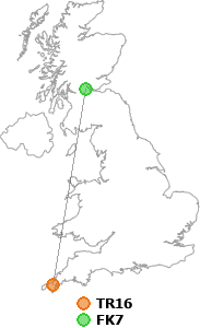 map showing distance between TR16 and FK7