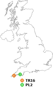 map showing distance between TR16 and PL2