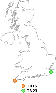map showing distance between TR16 and TN23