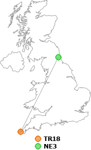 map showing distance between TR18 and NE3
