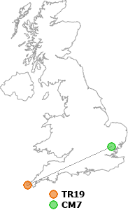 map showing distance between TR19 and CM7