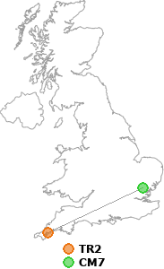 map showing distance between TR2 and CM7