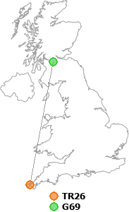 map showing distance between TR26 and G69