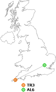 map showing distance between TR3 and AL6