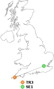map showing distance between TR3 and SE1
