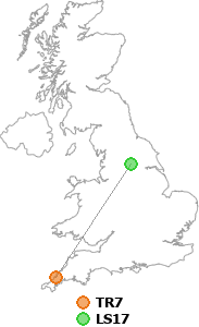 map showing distance between TR7 and LS17