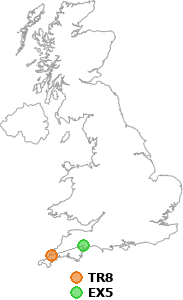 map showing distance between TR8 and EX5