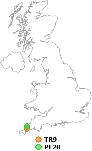 map showing distance between TR9 and PL28