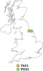 map showing distance between TS15 and YO21