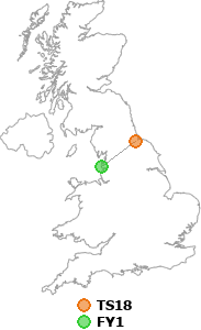 map showing distance between TS18 and FY1