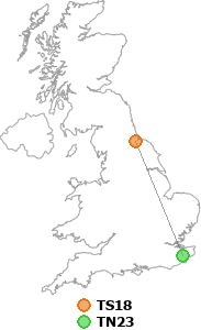 map showing distance between TS18 and TN23