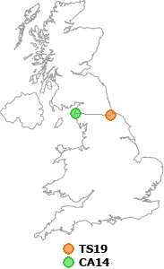 map showing distance between TS19 and CA14