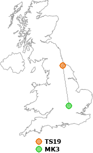 map showing distance between TS19 and MK3