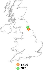 map showing distance between TS29 and NE1