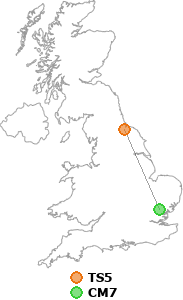 map showing distance between TS5 and CM7