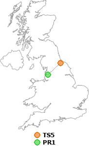 map showing distance between TS5 and PR1