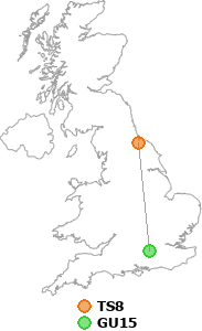 map showing distance between TS8 and GU15