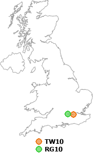 map showing distance between TW10 and RG10