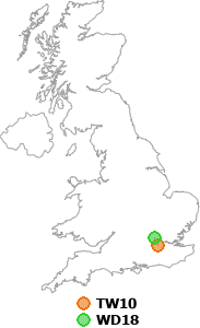 map showing distance between TW10 and WD18