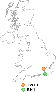 map showing distance between TW13 and BN1