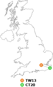 map showing distance between TW13 and CT20