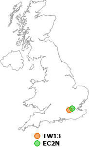 map showing distance between TW13 and EC2N