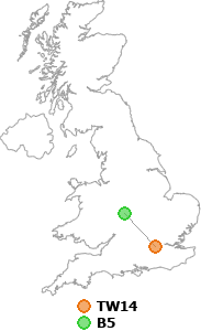 map showing distance between TW14 and B5