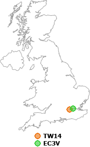 map showing distance between TW14 and EC3V