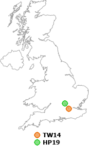 map showing distance between TW14 and HP19