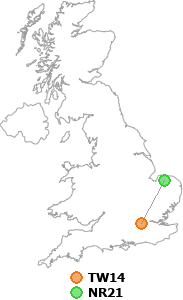 map showing distance between TW14 and NR21