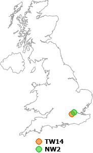 map showing distance between TW14 and NW2