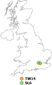 map showing distance between TW14 and SL6